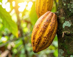 Ripe yellow cocoa pods on cacao tree trunk in sunny tropical plantation