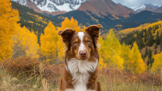 Border collie in mountain field with golden aspens. Autumn outdoor dog concept.