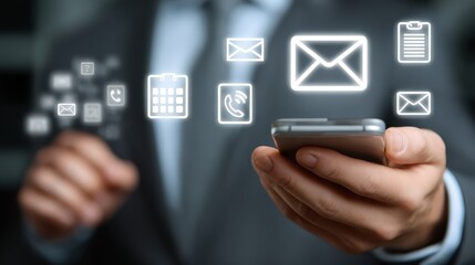 Man using smartphone to manage communication tools during business hours in an office setting
