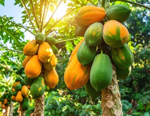 Ripe and Unripe Papaya Fruits Growing on Tree in Sunny Tropical Orchard