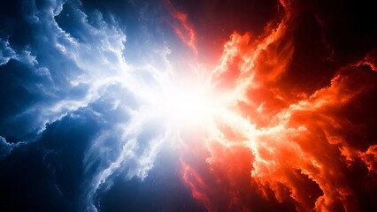 Dramatic collision of blue and red fiery storm clouds creating a striking visual effect in the sky with bright sunlight and contrasting colors for dramatic impact