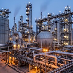 Industrial chemical processing facility operates with complex network of pipes and storage tanks during twilight