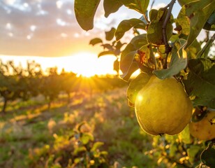 Ripe Quince Fruit on Tree at Golden Hour Sunset in Orchard