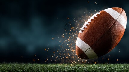 Rugby ball in motion over green grass field showing speed, energy and competition, dynamic outdoor sport action concept for team game, training, match, tournament and athletic poster or banner design