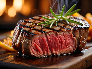 Grilled steak with rosemary on wooden board