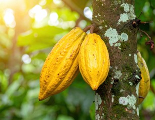 Ripe yellow cocoa pods on tropical tree trunk with sunlight