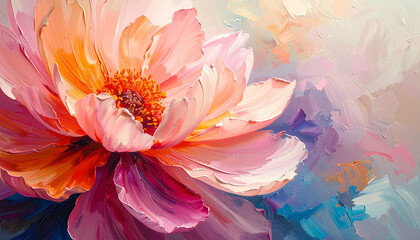 Fototapeta premium Heavy textured floral oil painting with close-up of pure brushstroke petals