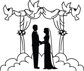Silhouette of a Bride and Groom Under a Decorative Wedding Arch with Doves and Clouds