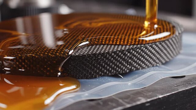 Amber liquid resin flows over a layered black carbon fiber composite disc forming a geometric honeycomb structure on a clear silicone mold with industrial lighting and macro detail