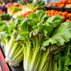 Nutritious celtuce, also known as stem lettuce, displayed at a vibrant market, perfect for stir-fries,  fresh greens,  food background