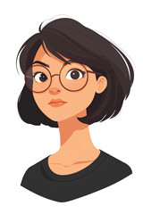Young Asian Woman with Short Hair and Glasses Cartoon Portrait on transparent Background