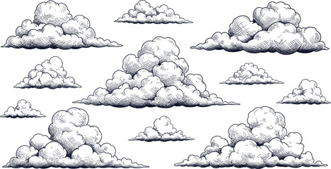 Hand drawn cloud collection illustration, vintage sketch style fluffy clouds set isolated on white background for weather design projects and graphics © Art_By_Aktarina