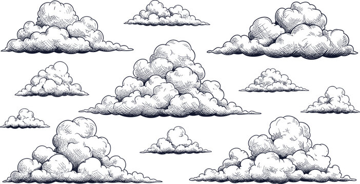 Hand drawn cloud collection illustration, vintage sketch style fluffy clouds set isolated on white background for weather design projects and graphics