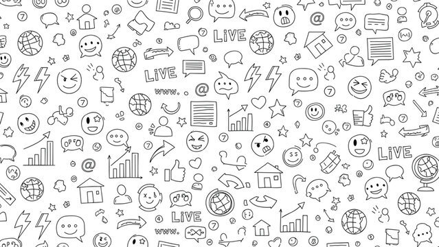 Hand drawn doodle seamless pattern featuring social media communication icons emojis charts messages globes symbols creative black white background illustration