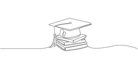 Continuous one line drawing of a Graduation cap on a stack of books.
