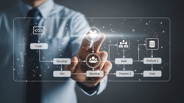 A businessman in a suit interacts with a futuristic digital interface displaying a flowchart with various icons and labels, representing project management and teamwork concepts. - Powered by Adobe
