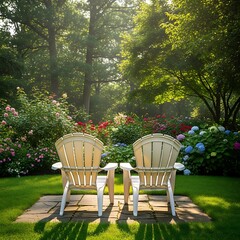 Two empty garden seats rest upon stone paving amidst abundant flowering bushes and tall trees