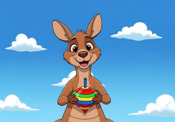 Cartoon Kangaroo with Colorful Dreidel Against a Blue Sky.