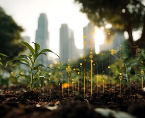 Emerging Green Tech: Digital Agriculture with Plant Overlay and City Skyline, Sustainable Agriculture Innovation, Advanced Technology for Crop Development at Sunrise, Eco-Friendly
