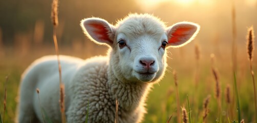 Naklejka premium Close up portrait of young white sheep lamb standing in green grassy field during golden hour. Soft sunlight illuminates its fluffy wool and curious eyes as it grazes peacefully in rural farm setting.