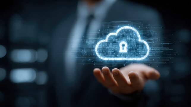 Man in suit holds glowing cloud symbol with a lock during a technology event focused on data security and cloud computing - Powered by Adobe
