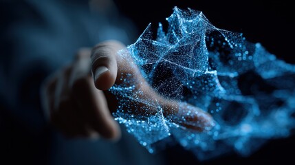 Person interacting with holographic blockchain data stream showing realtime updates of decentralized financial transactions.