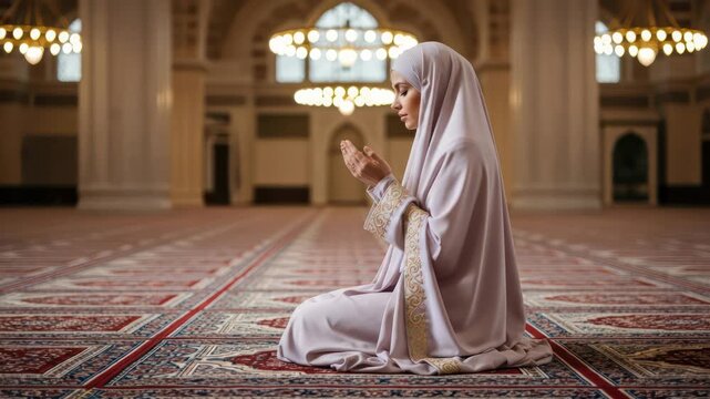 Muslim woman praying in mosque, spiritual devotion, faith, peace