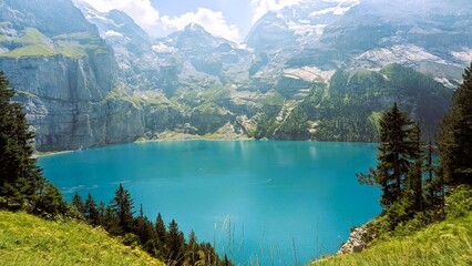 Oeschinen Lake Surrounded by Majestic Alpine Peaks, Switzerland