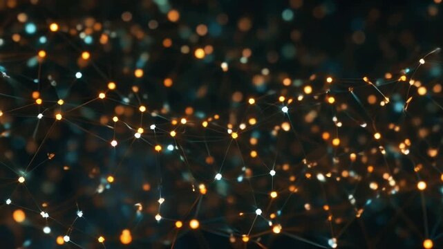 Abstract futuristic digital network glowing city interconnected nodes lines, vibrant orange teal data pulses flowing, dark background, cinematic fly-through, 4K ultra-realistic motion graphics, smooth