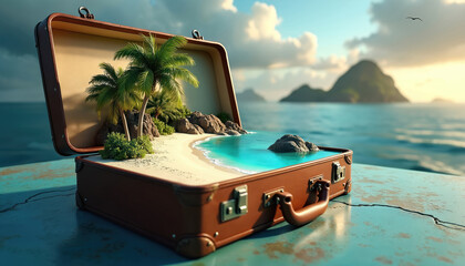 An open suitcase holds a miniature tropical beach scene with palm trees and clear blue ocean water. Distant islands and clouds are visible in the background.
