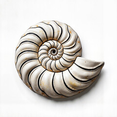 Detailed fossil ammonite shell on flat white background, natural beauty