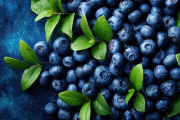 Obraz premium Close-up of fresh, ripe blueberries and green leaves on a dark blue textured background. Macro shot showcasing healthy antioxidants, freshness, and vibrant color.