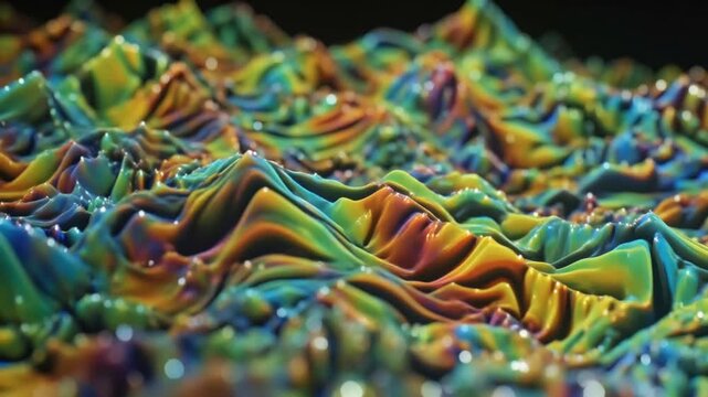 Trippy psychedelic 3D topological map with flowing rainbow ridges, abstract dopamine patterns, fashion-inspired textures, neon highlights, and morphing terrain. Smooth hypnotic movement, seamless 4K