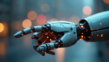Robotic arm points forward with glowing orange lights. Futuristic AI machine manipulates with digital interface. Future tech concept. Robot hand.