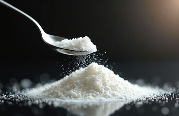 A spoon pours white powder sweetener onto a pile of the same substance. This natural sugar alternative is ideal for sweetening beverages and foods.
