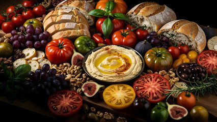 A vibrant assortment of fresh fruits, artisanal bread, and gourmet cheese on a rustic wooden table, captured from a top-down viewpoint.