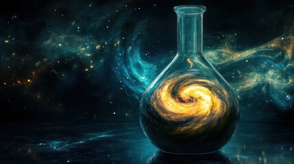 A clear glass beaker containing a swirling yellow galaxy against a dark cosmic background with blue nebula and distant stars