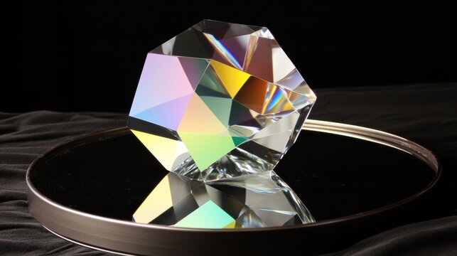 A clear geometric crystal prism refracts light into a spectrum of colors on a reflective surface - Powered by Adobe