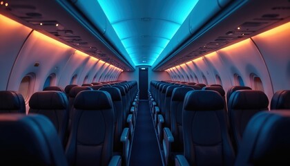 Empty airplane cabin with rows of dark seats. Ambient blue and orange lights illuminate the aisle and overhead compartments. Modern aircraft interior waits for passengers on a flight.