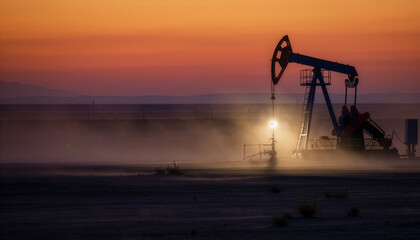 Oil pump jack in the desert: "Industrial oil pump jack working in a vast desert landscape at dawn. Silhouette against a deep orange sky, dust particles in the air, professional photography, wide-angle