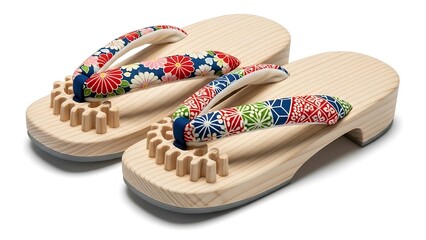 A pair of traditional Japanese geta sandals with colorful floral straps on a white background