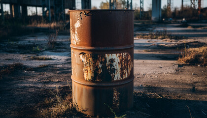 Rusty oil barrel: "Close-up of a weathered, rusty oil barrel in an abandoned industrial zone. Gritty texture, dramatic shadows, post-apocalyptic aesthetic."
