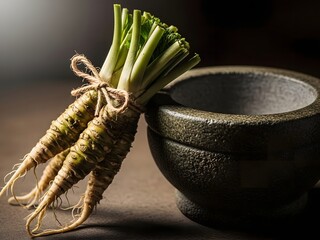 Bundled wasabi roots leaning against a mortar
