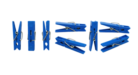 Six cobalt blue plastic clothespins with metal springs aligned on a transparent background in a minimalist row. Concept of industrial design and utility