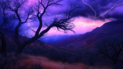 A bare tree silhouette against a dramatic purple sky filled with lightning strikes over a mountainous landscape during a powerful storm