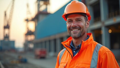 Smiling construction worker in orange safety gear and hard hat stands at industrial site. He looks professional and confident at his work location.