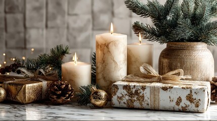 Decorative arrangement with candles, gifts, and pine branches on a marble surface during the holiday season in a cozy indoor setting