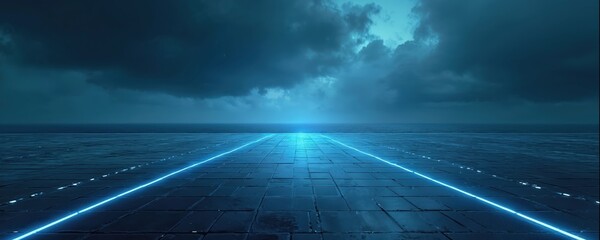 Digital horizon with glowing blue neon lines on dark tiled floor. Abstract futuristic landscape meets ocean under stormy clouds. Cyber pathway extends into misty distance.