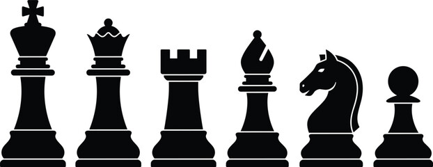 Chess piece silhouette icon set featuring king queen rook bishop knight and pawn, black minimalist strategy game symbols isolated on white background © Shoriphul