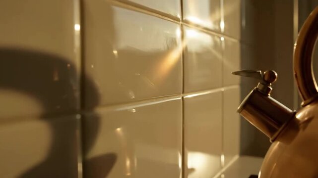 Golden Hour Still Life Copper Kettle And Sunlight Dance Across Kitchen Tiles Aesthetic